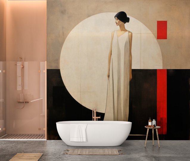 Papier peint 'Emilie' dal design Art Déco, con figura femminile stilizzata e forme geometriche, per interni che celebrano il lusso e lo stile degli anni '20.