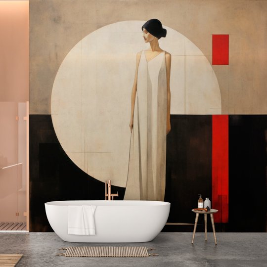 Papier peint 'Emilie' dal design Art Déco, con figura femminile stilizzata e forme geometriche, per interni che celebrano il lusso e lo stile degli anni '20.