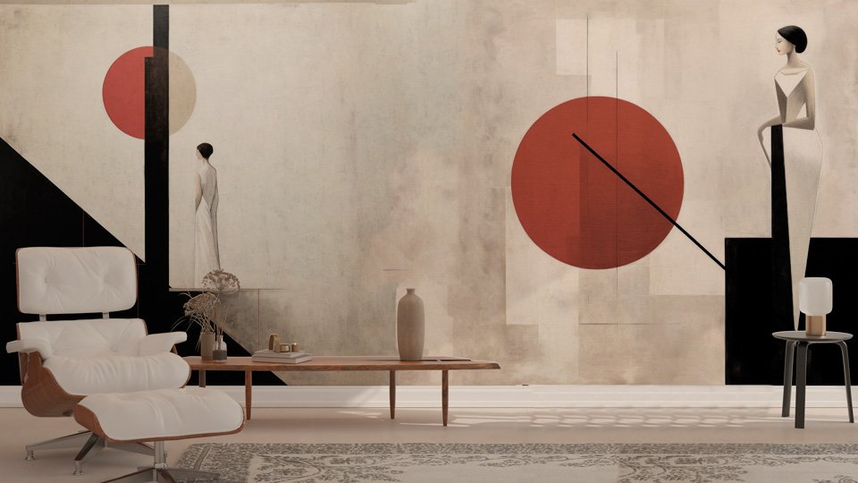 Papier peint 'Galatea' in stile anni '20 con motivi geometrici e figure eleganti.