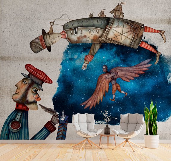 Papier peint artistica raffigurante Icaro con ali, elementi astronomici e mitologici su sfondo stile pergamena vintage