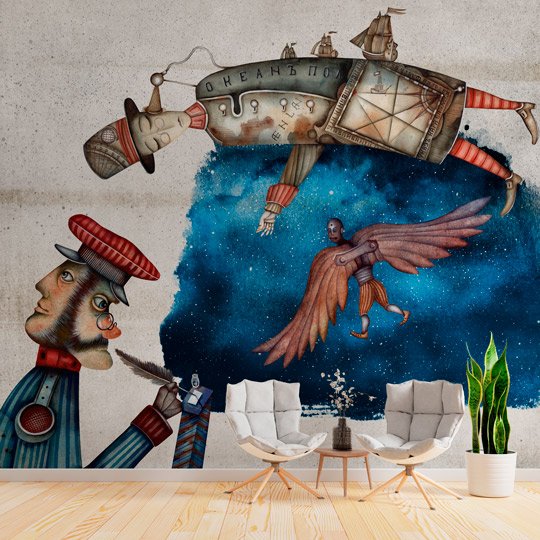 Papier peint artistica raffigurante Icaro con ali, elementi astronomici e mitologici su sfondo stile pergamena vintage