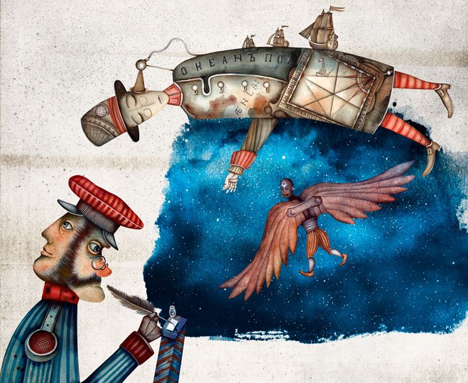 Papier peint artistica raffigurante Icaro con ali, elementi astronomici e mitologici su sfondo stile pergamena vintage